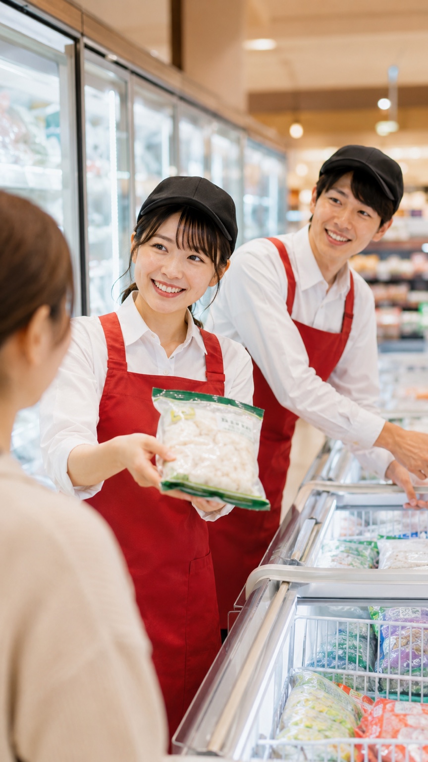 冷凍食品売場でお客様をご案内するスタッフ