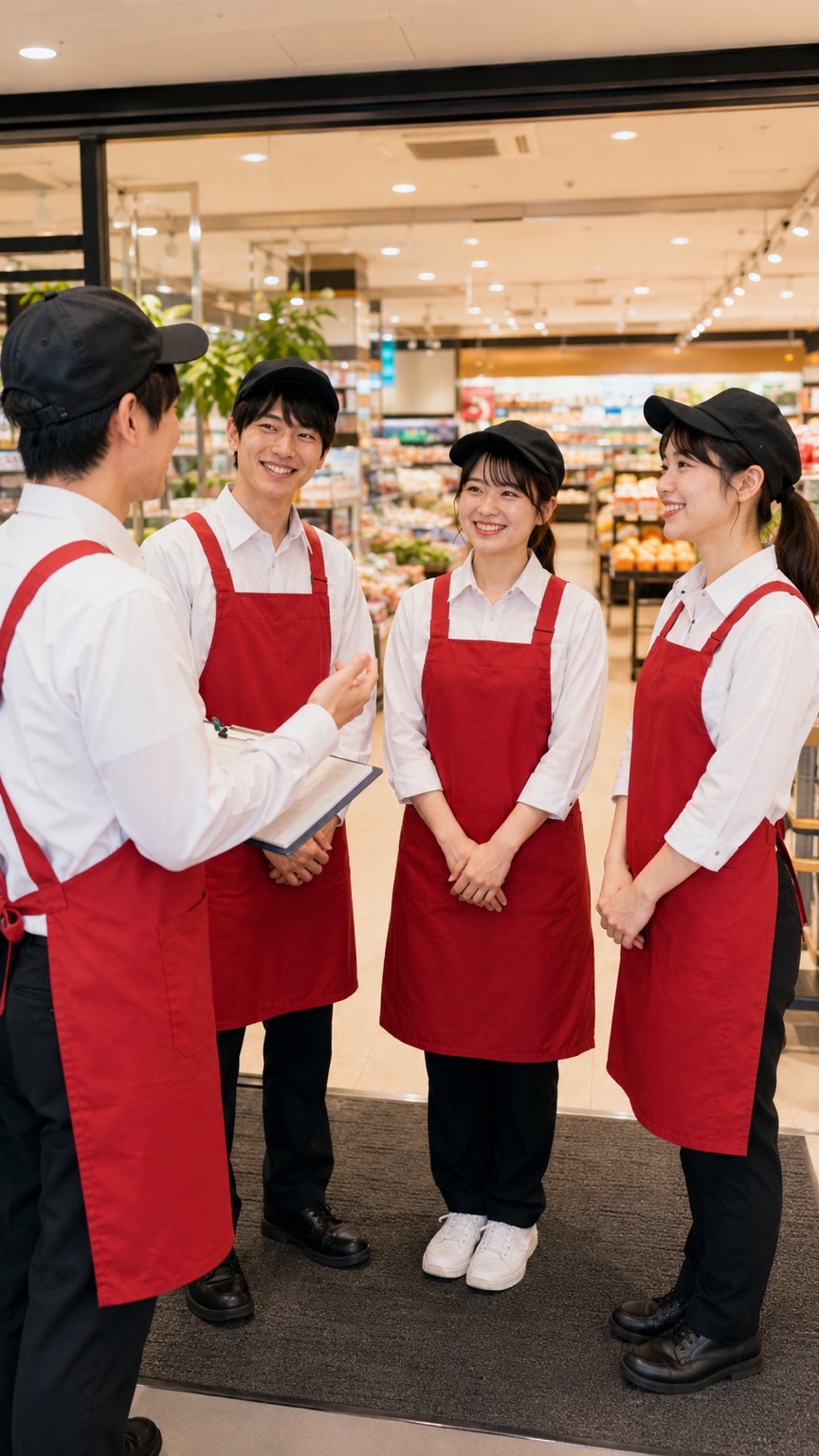 チームで売場づくりを行うスタッフのイメージ
